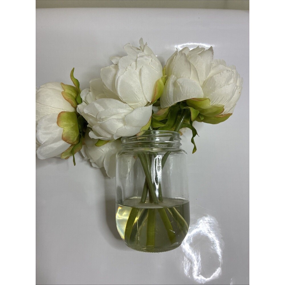 White Silk Peony Artificial Flowers 1 Bouquet 5 Big Head and 4 Bud Fake Flowers